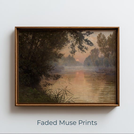 Tranquil Sunset Over River, Vintage Pastoral Landscape