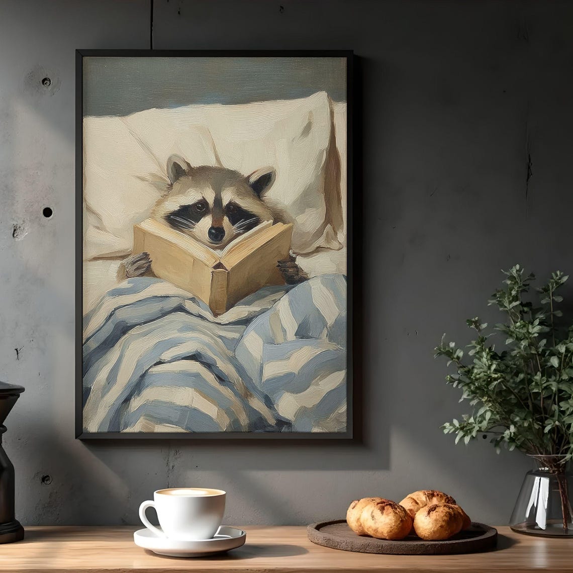 Reading Raccoon In Bed With Book Cozy Animal Illustration Poster