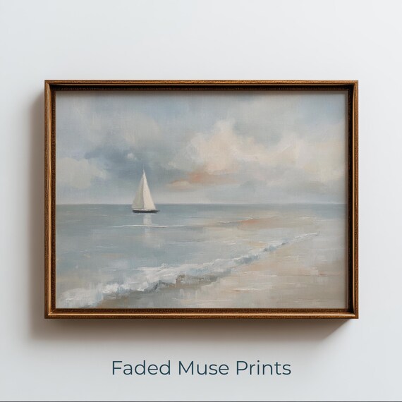 Solitary Sailboat Calm Coastal Waters Serene Watercolor Art Poster