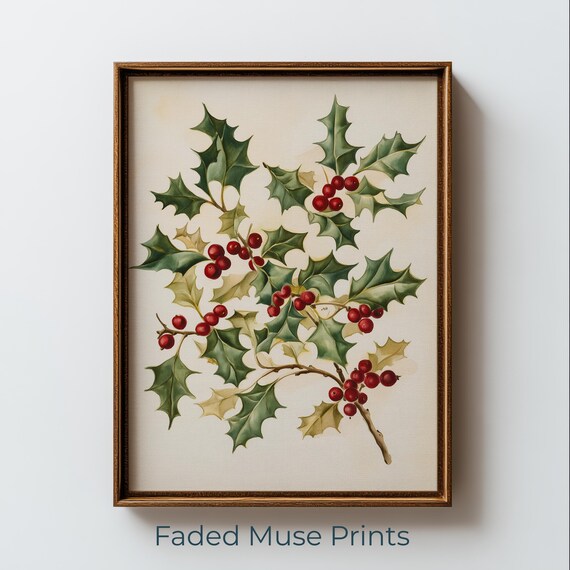Vintage Holly Branch Print Red Berry Botanical Watercolor Christmas Printable Wall Art Digital Download 3037