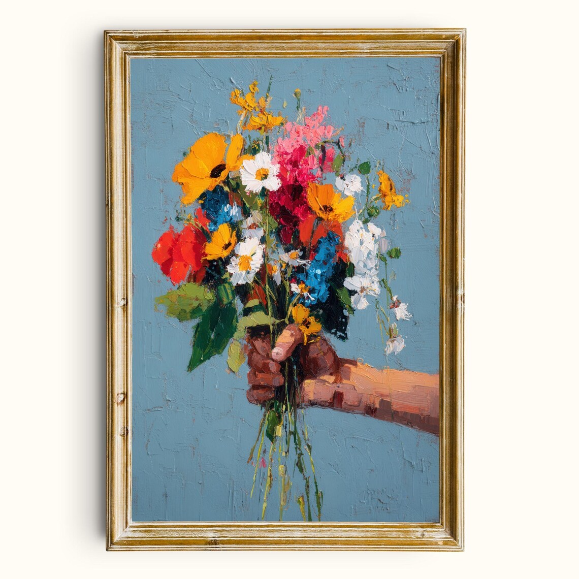 Hand Holding Wildflower Bouquet Textured Oil Painting Wall Art