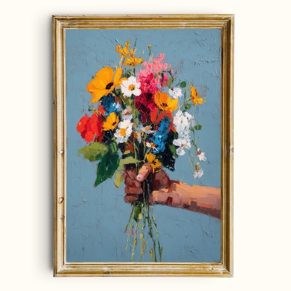 Hand Holding Wildflower Bouquet Textured Oil Painting Wall Art