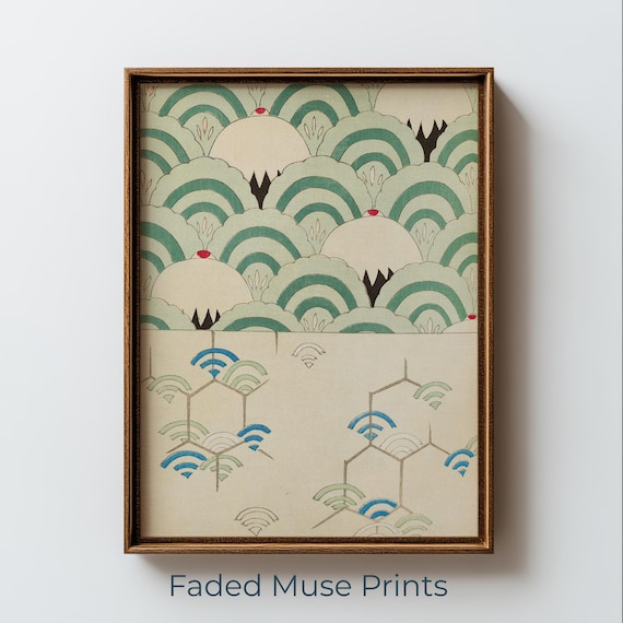 Vintage Japanese Wave And Fan Print Midcentury Modern Wall Art Digital Download 1583