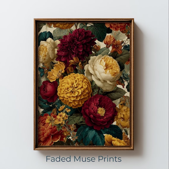 Lush Autumn Floral Bouquet Maximalist Burgundy Peonies Printable Wall Art Digital Download 2628