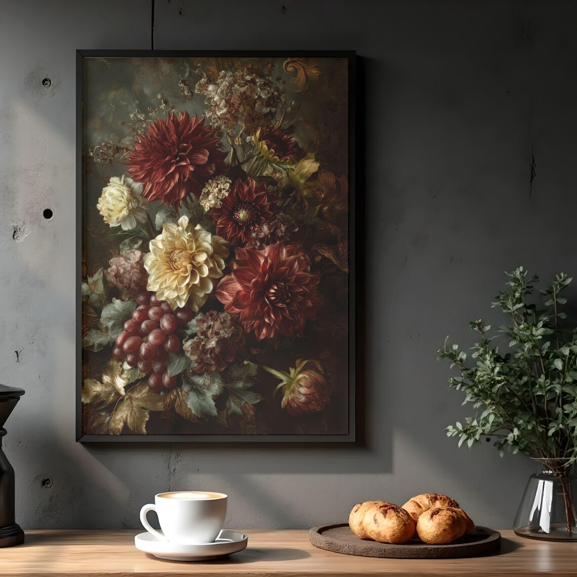 Dark Moody Red Dahlias and Grapes Still Life Painting Poster