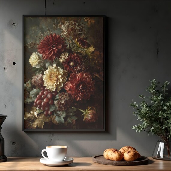 Moody Crimson Dahlia Painting Dark Floral Still Life Printable Wall Art Digital Download
