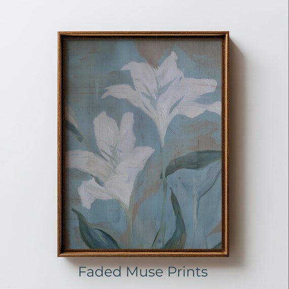 White Lily Flowers Blue Gouache Minimalist Floral Art Poster
