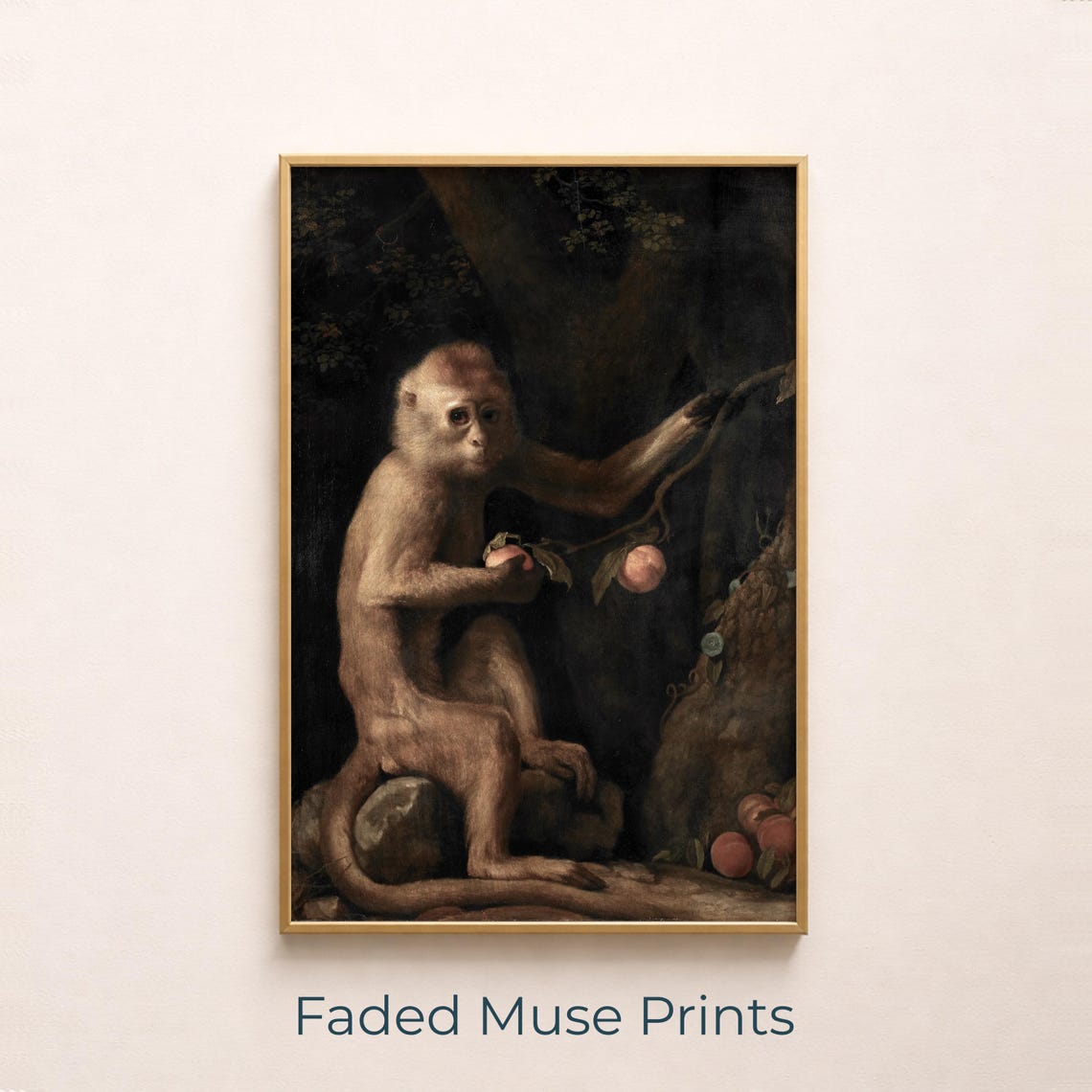 Vintage Monkey With Fruit Dark Forest Classical Oil Painting Poster