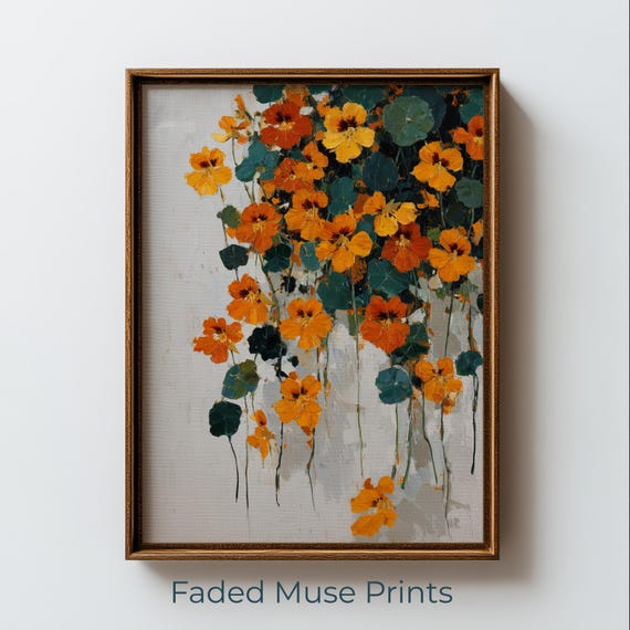 Trailing Nasturtium Blooms Vintage Botanical Art Warm Floral Painting Digital Download 2428
