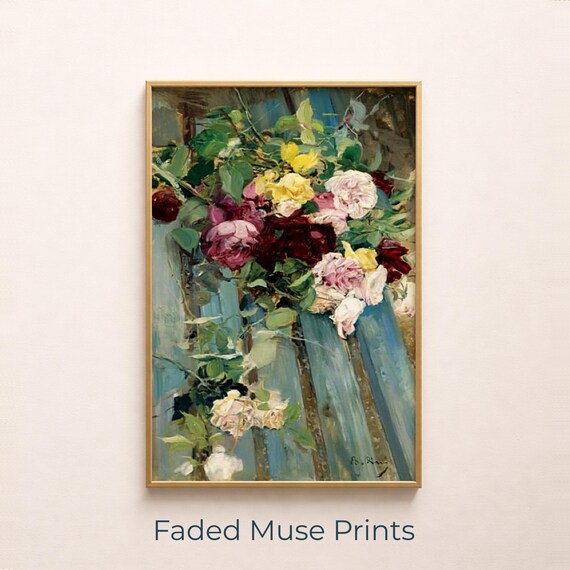 Romantic Rose Bouquet Cascading Over Blue Shutter Impressionist Art Print