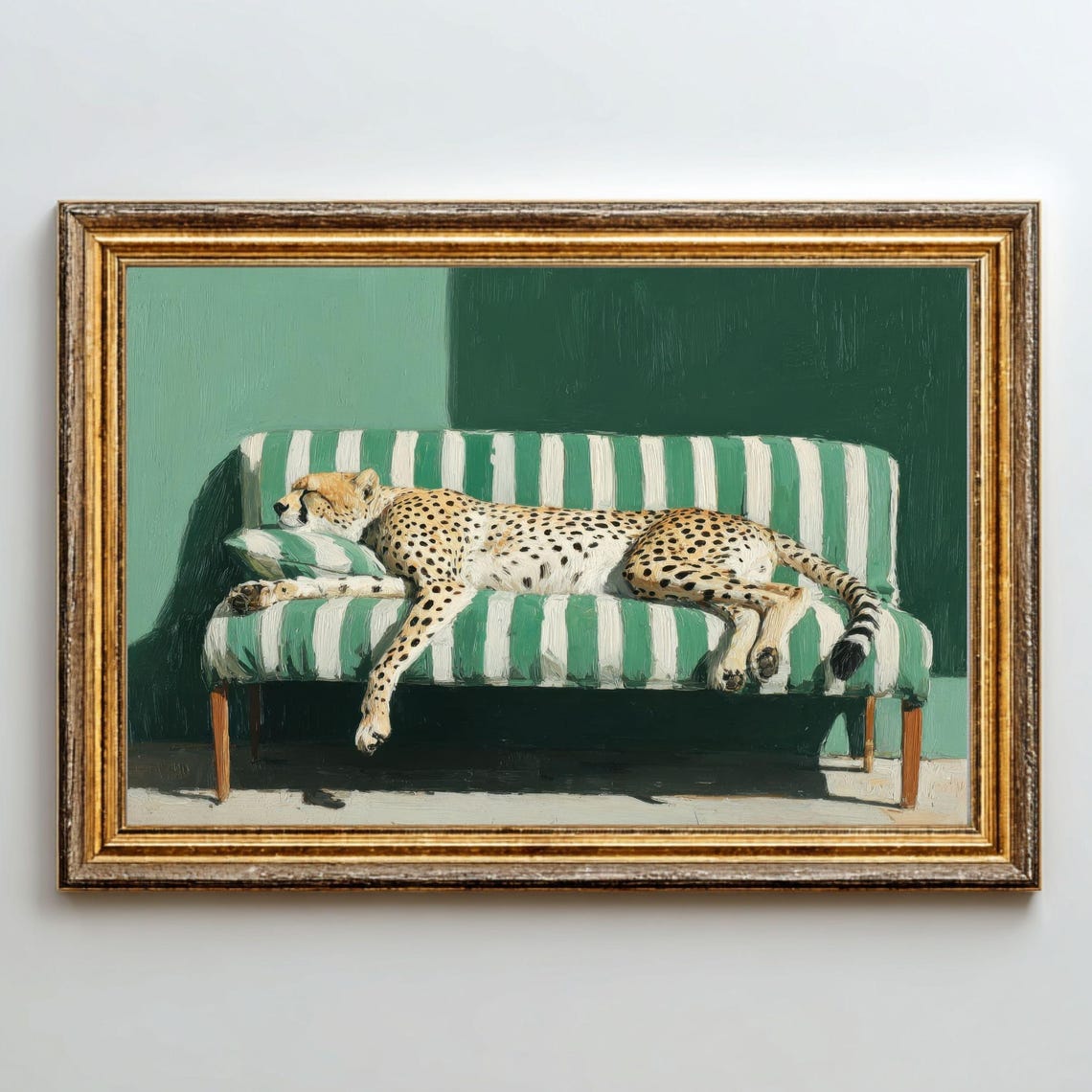 Sleeping Cheetah on Green Striped Sofa Sunlit Oil Painting Poster