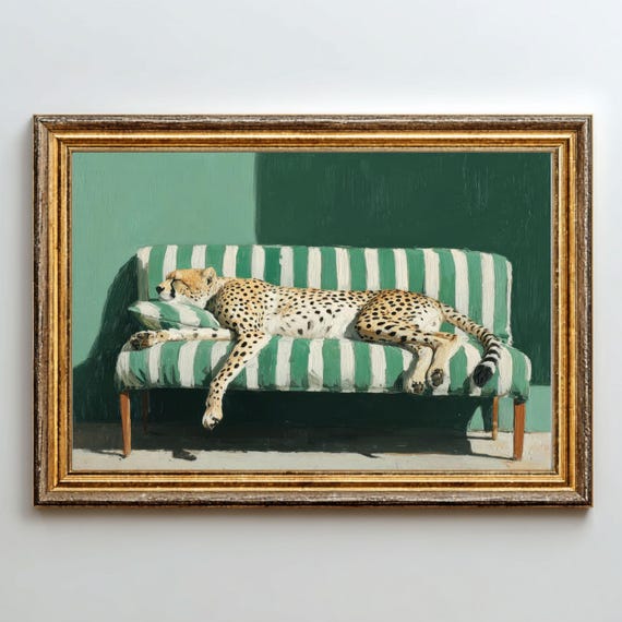Sleepy Leopard Print Emerald Green Sofa Maximalist Art Pdf Files Included
