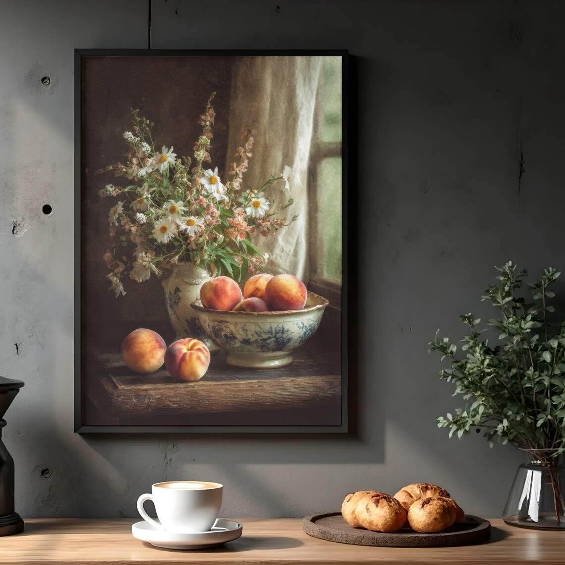 Vintage Peaches Flowers Still Life Art Print, Cottagecore