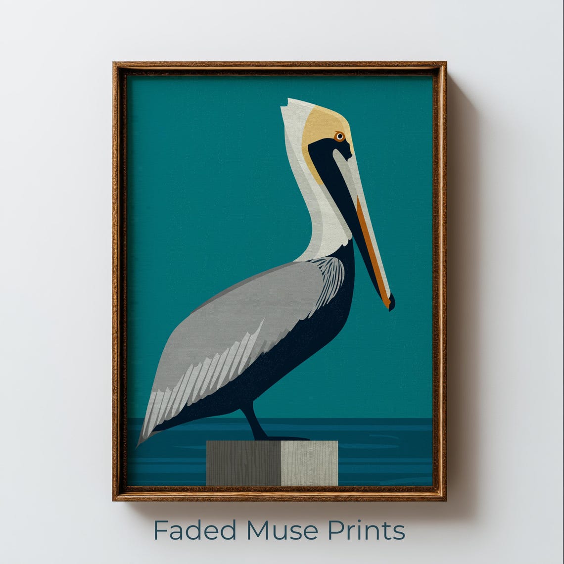 Pelican Perched on Post Coastal Graphic Teal Bird Minimalist Wall Art