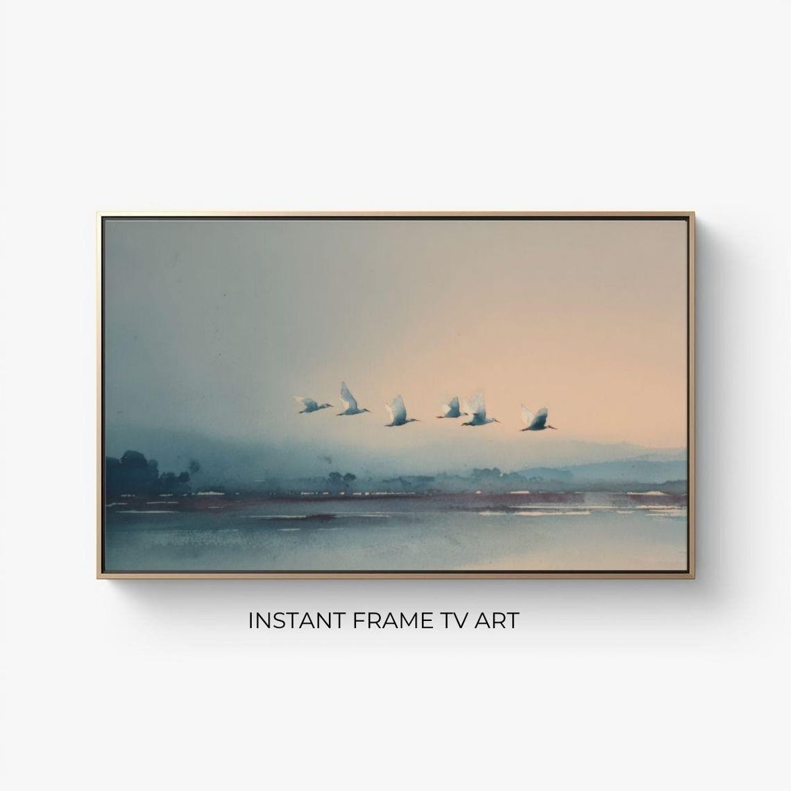 White Birds Flying Misty Water Dawn Serene Minimalist Nature Wall Art