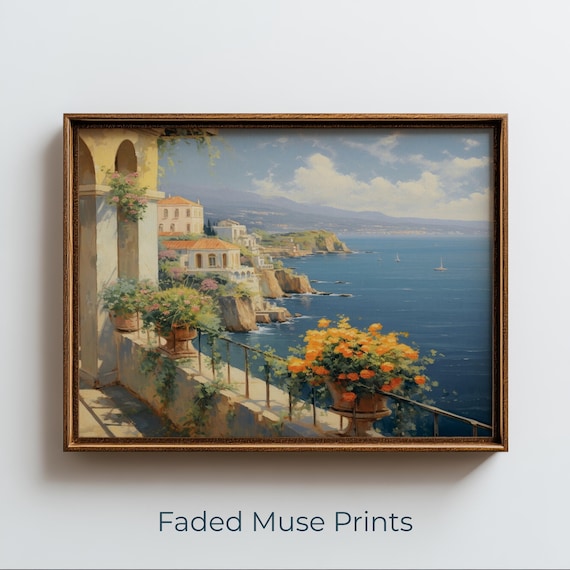 Sunlit Mediterranean Terrace Coastal Village Sea View Poster
