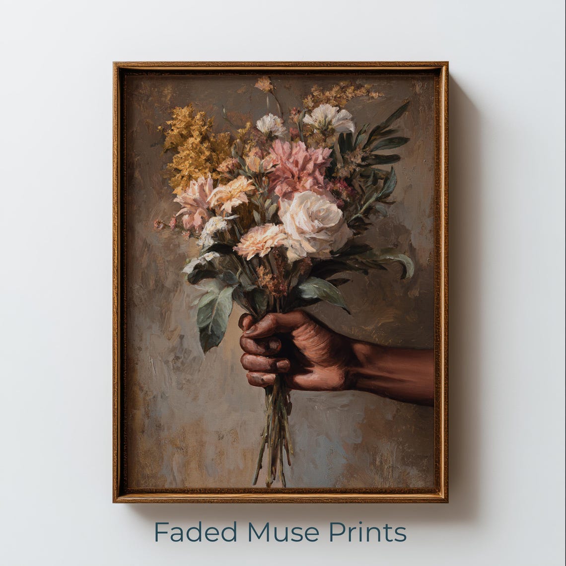 Vintage Hand Holding Roses Bouquet Muted Romantic Floral Poster