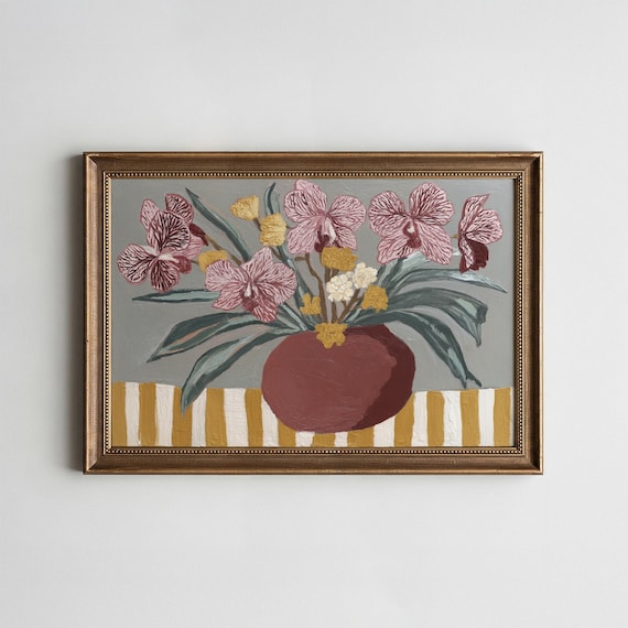 Maroon Orchids Terracotta Vase Painterly Fall Botanical Wall Art
