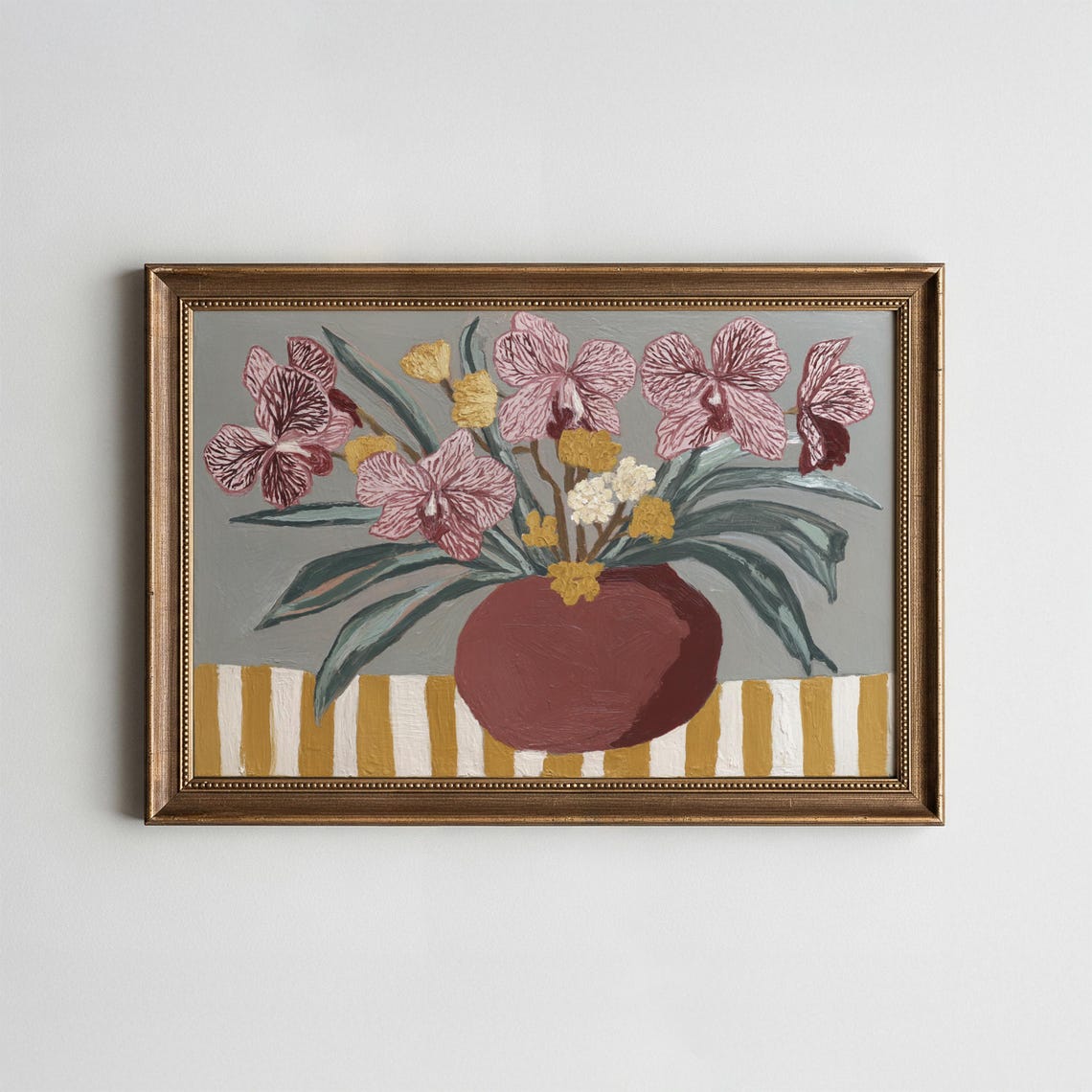Maroon Orchids Terracotta Vase Painterly Fall Botanical Wall Art