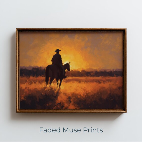 Silhouette Cowboy at Sunset, Western Impressionist Landscape