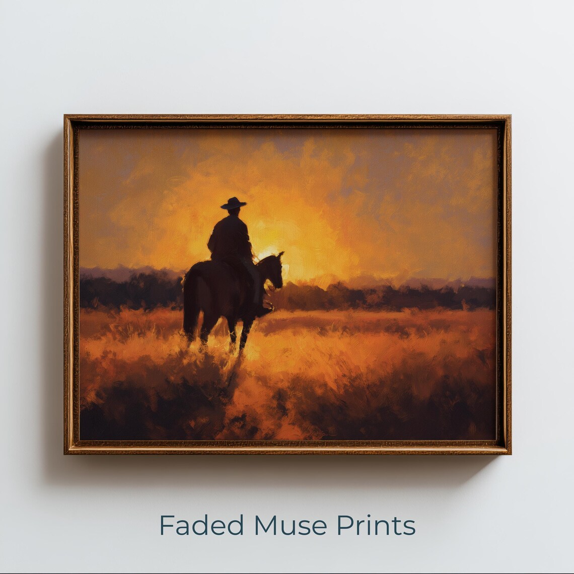 Silhouette Cowboy at Sunset, Western Impressionist Landscape