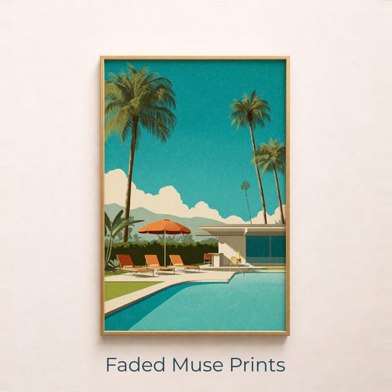 Palm Springs Poolside Scene Midcentury Modern Art Retro Graphic Poster Digital Download 913