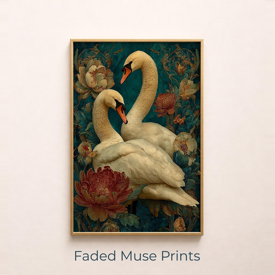 Romantic White Swan Pair Peonies Vintage Botanical Teal Wall Decor Poster