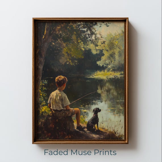 Vintage Fishing Scene With Boy And Dog 1930s Pastoral Wall Art Digital Download 2159