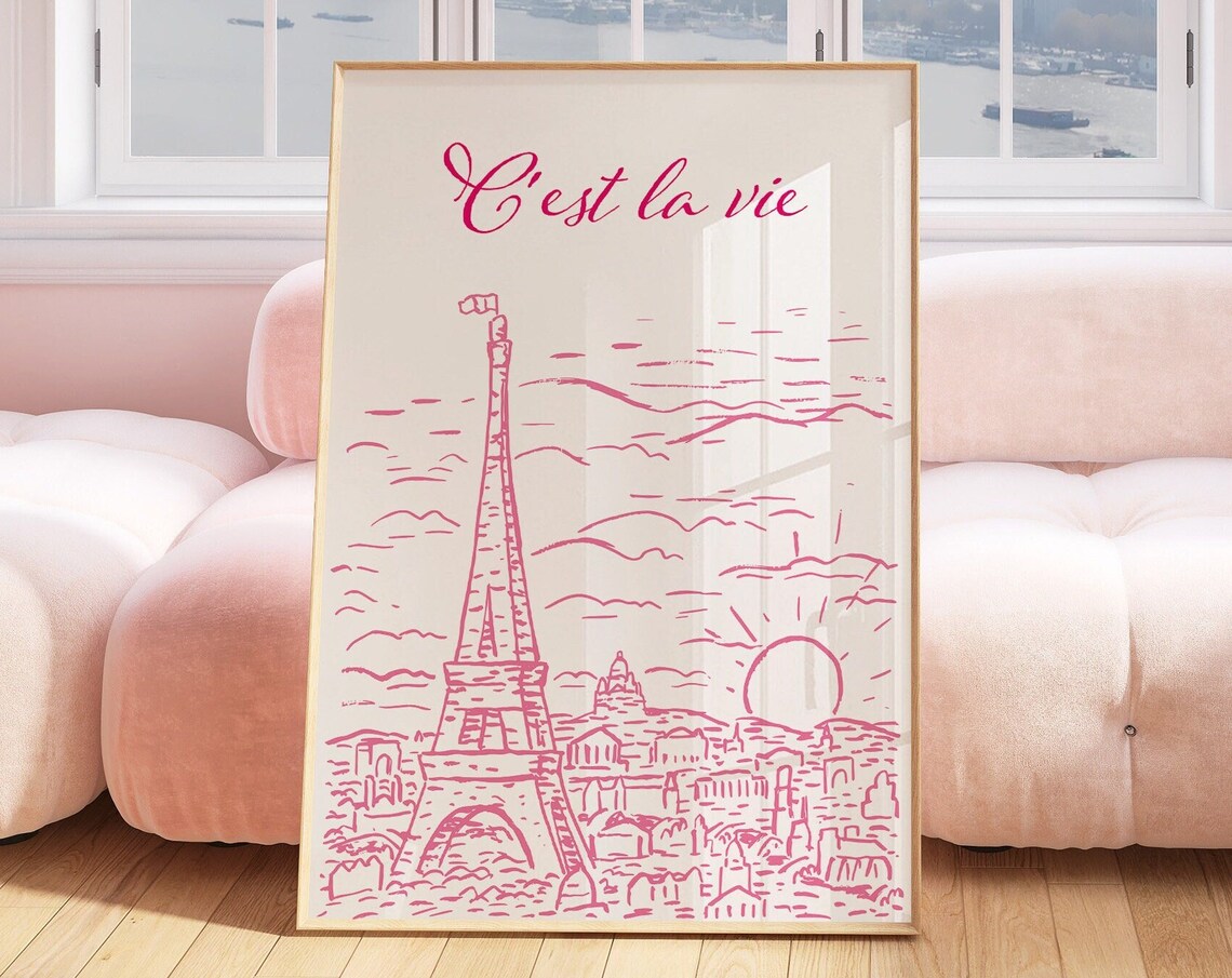 Cest la Vie Paris Eiffel Tower Pink Sunrise Line Drawing Poster