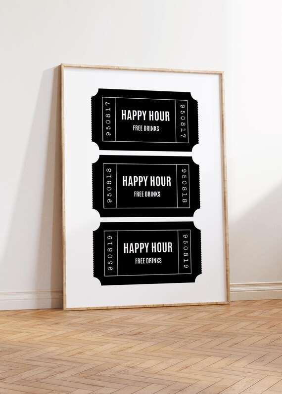 Happy Hour Free Drinks Black Retro Ticket Poster for Bar Decor