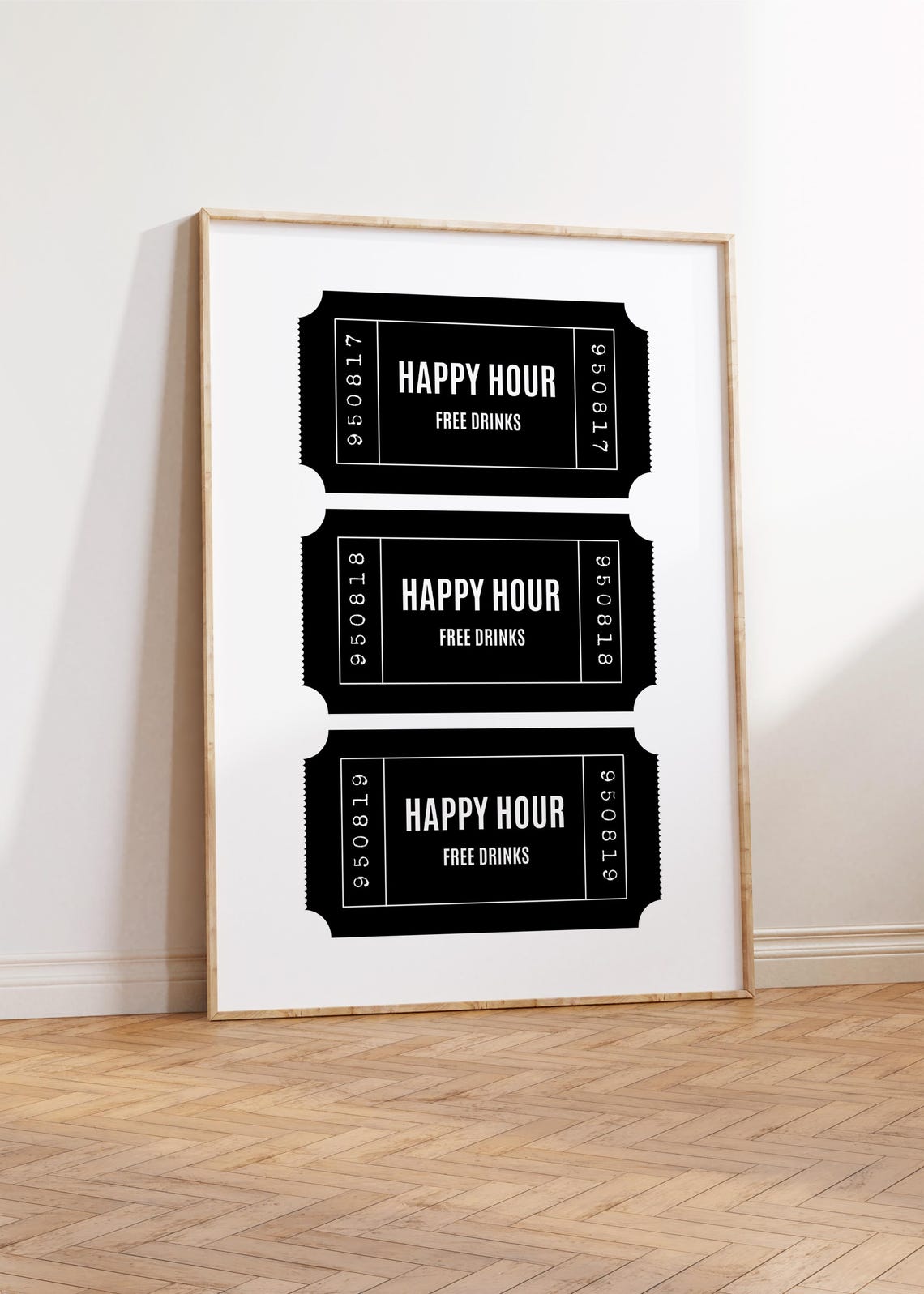 Happy Hour Free Drinks Black Retro Ticket Poster for Bar Decor