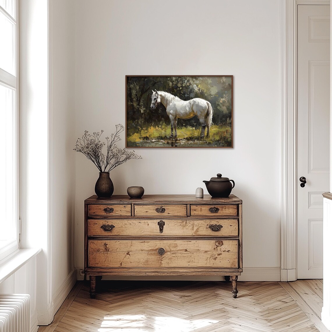 White Horse Standing by Water Moody Equestrian Oil Art Poster - Image 5