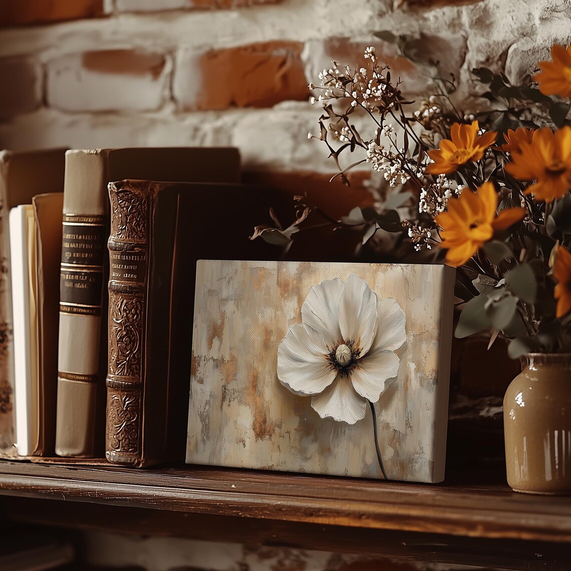 Large White Poppy Flower On Textured Beige Impasto Canvas Poster - Image 3
