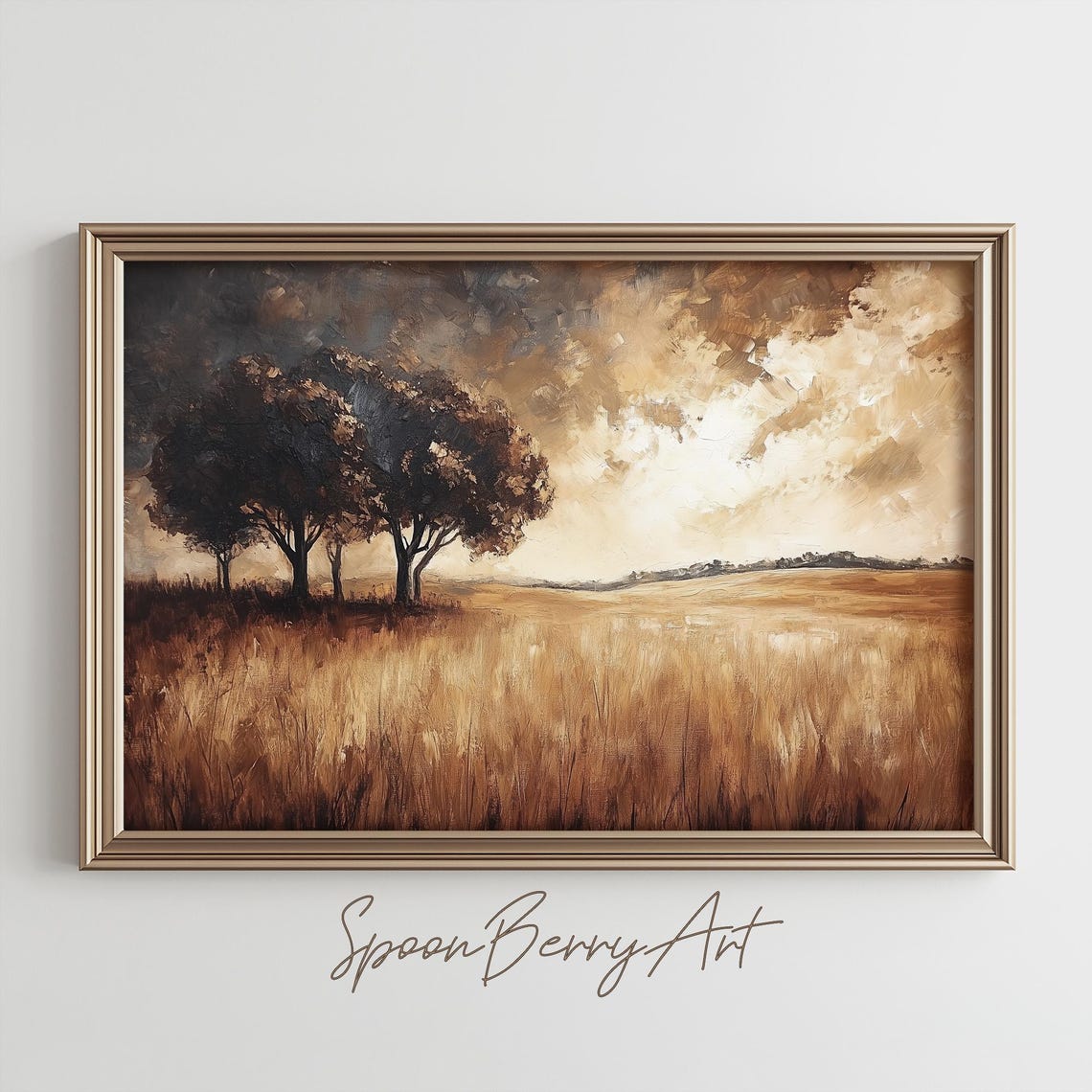 Golden Wheat Field with Dark Trees Dramatic Sky Rural Poster