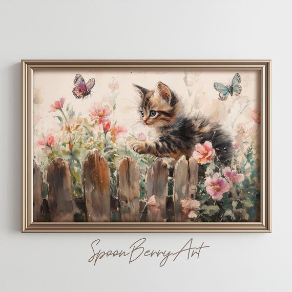 Kitten Painting Moody Vintage Cat Wall Print Tabby Cat Print Wall Decor Animal Wall Art Feline Kitty Oil Painting Art