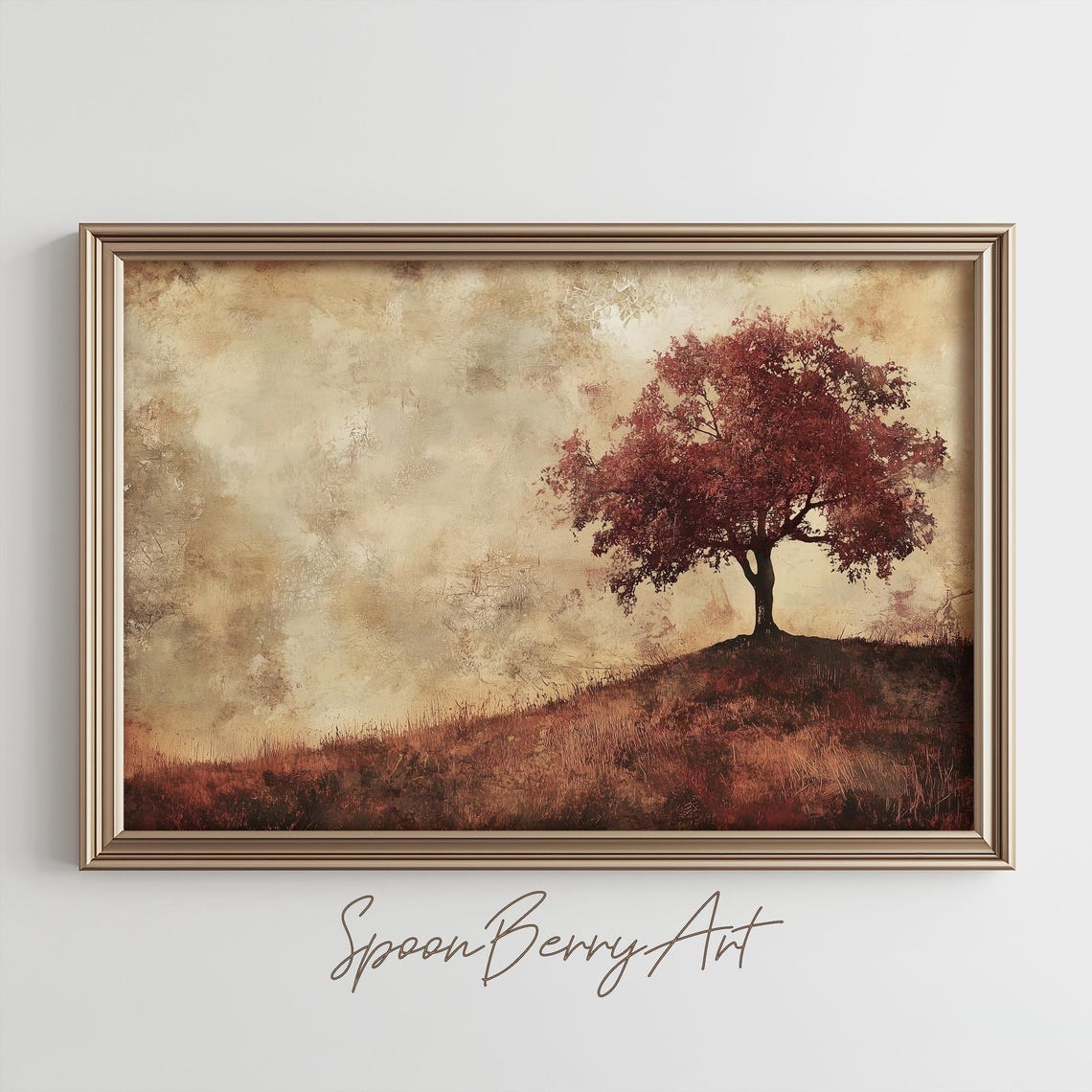 Lone Red Tree on a Hill in Vintage Sepia Tones Landscape Poster