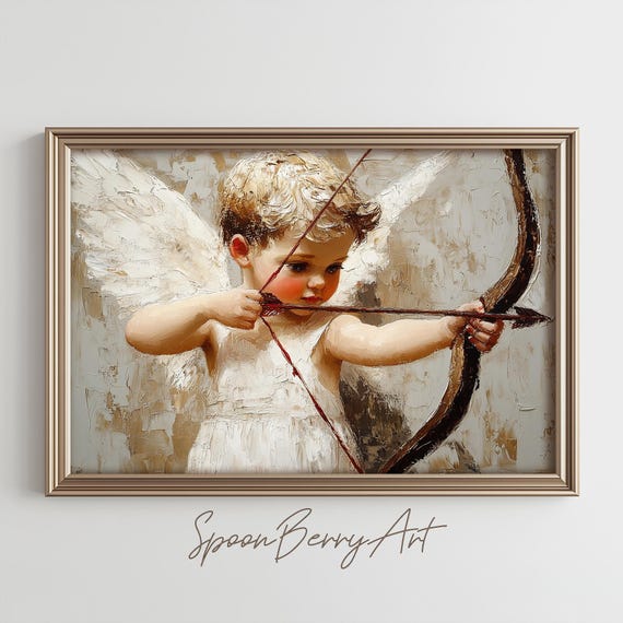 Cupid Painting Vintage Cupid Bow Wall Print Baby Cupid Print Wall Decor Valentines Day Wall Art Moody Oil Painting Art
