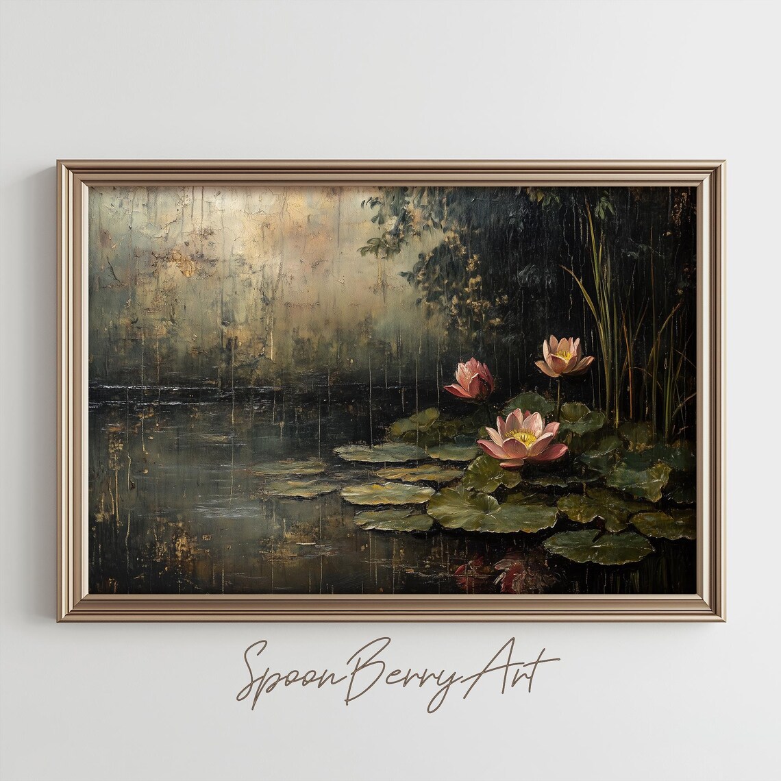 Pink Water Lilies on Dark Moody Pond Evening Garden Wall Poster