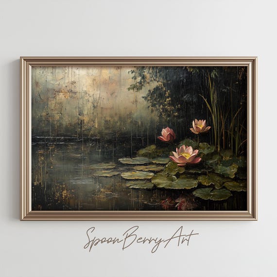 Lily Pad Painting Vintage Flower Wall Print Water Lily Print Wall Decor Floral Wall Art Dark Moody Oil Painting Art
