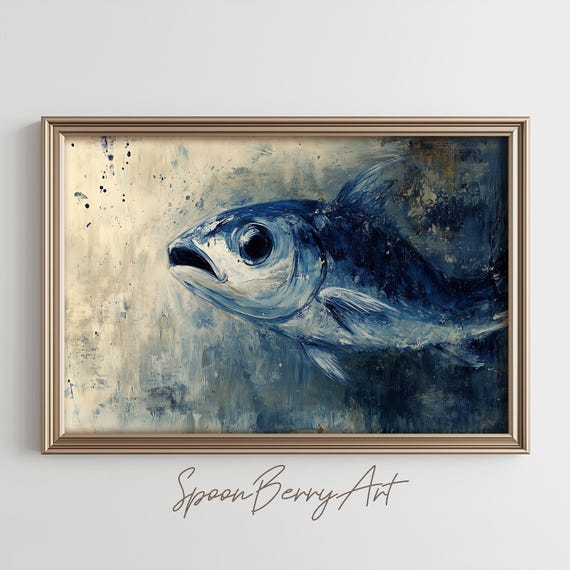 Fish Painting Moody Vintage Fish Wall Print Fish Print Wall Decor Nautical Wall Art Fish Oil Painting Aquarium Art