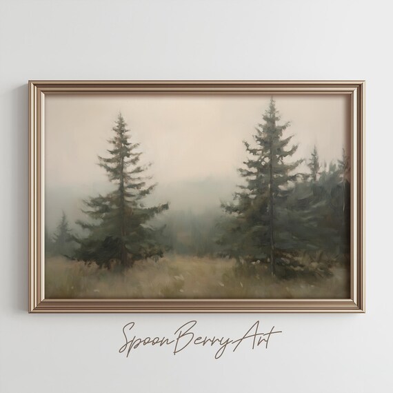 Pine Tree Painting Impressionist Landscape Wall Print Nature Print Wall Decor Lodge Wall Art Moody Oil Painting Art