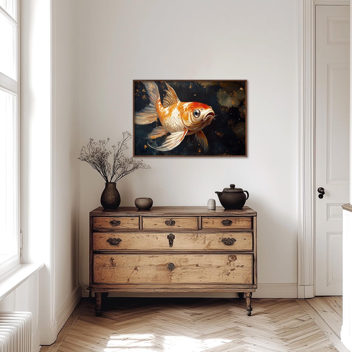 Orange Koi Fish with Flowing Fins on a Dark Moody Backdrop Poster - Image 3