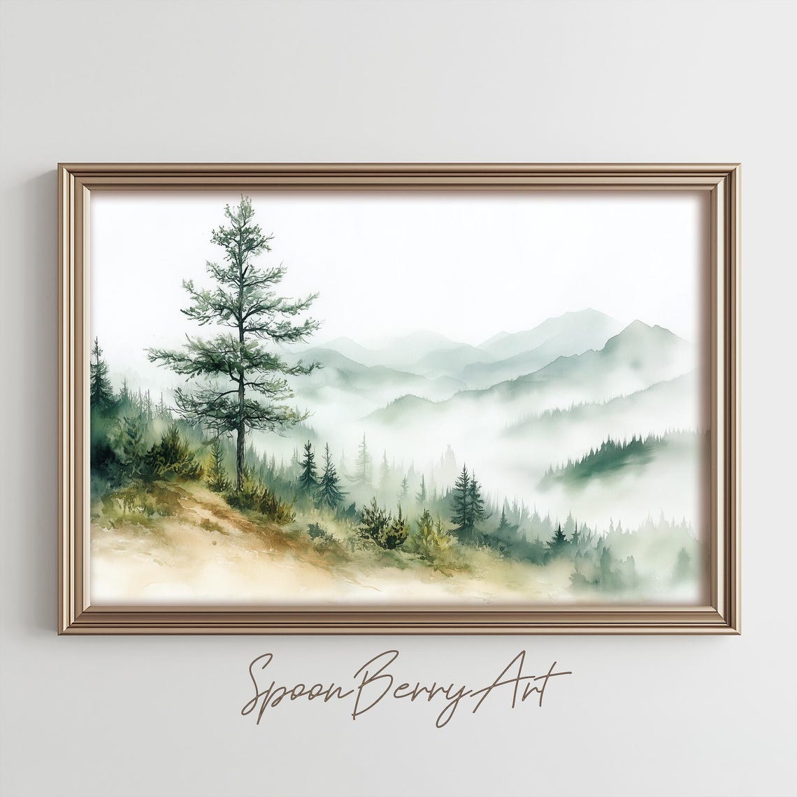 Misty Mountain Pine Forest in Soft Watercolor Greens Art Poster
