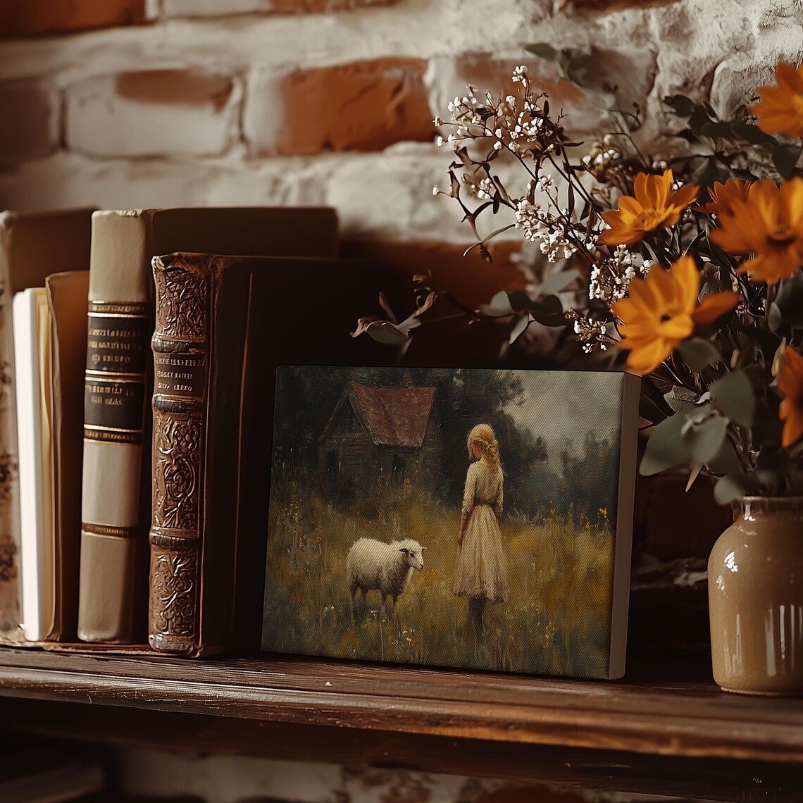 Girl With Sheep By Old Barn In Golden Moody Meadow Painting Poster - Image 3