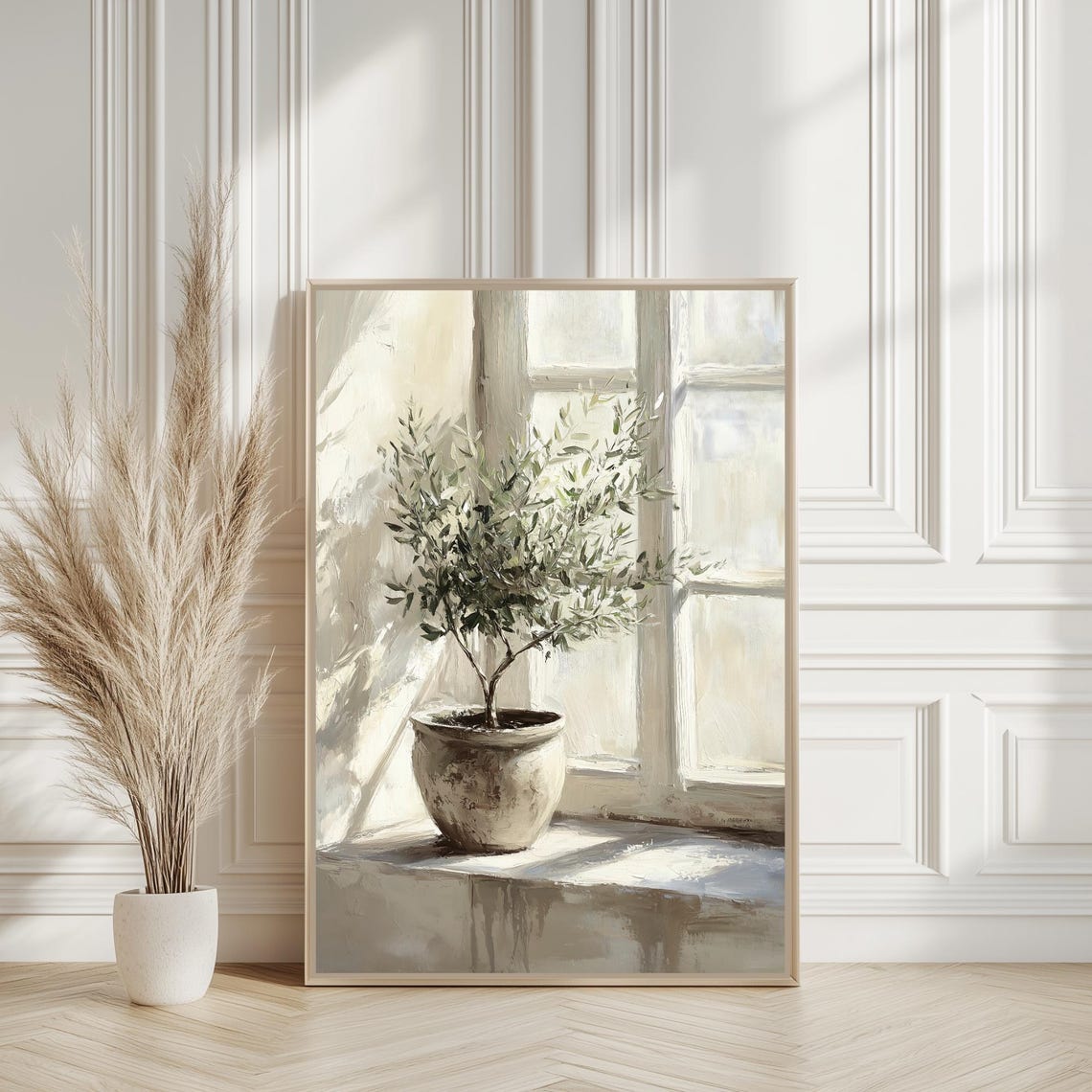 Potted Olive Tree Sunlit Windowsill Serene Botanical Home Poster