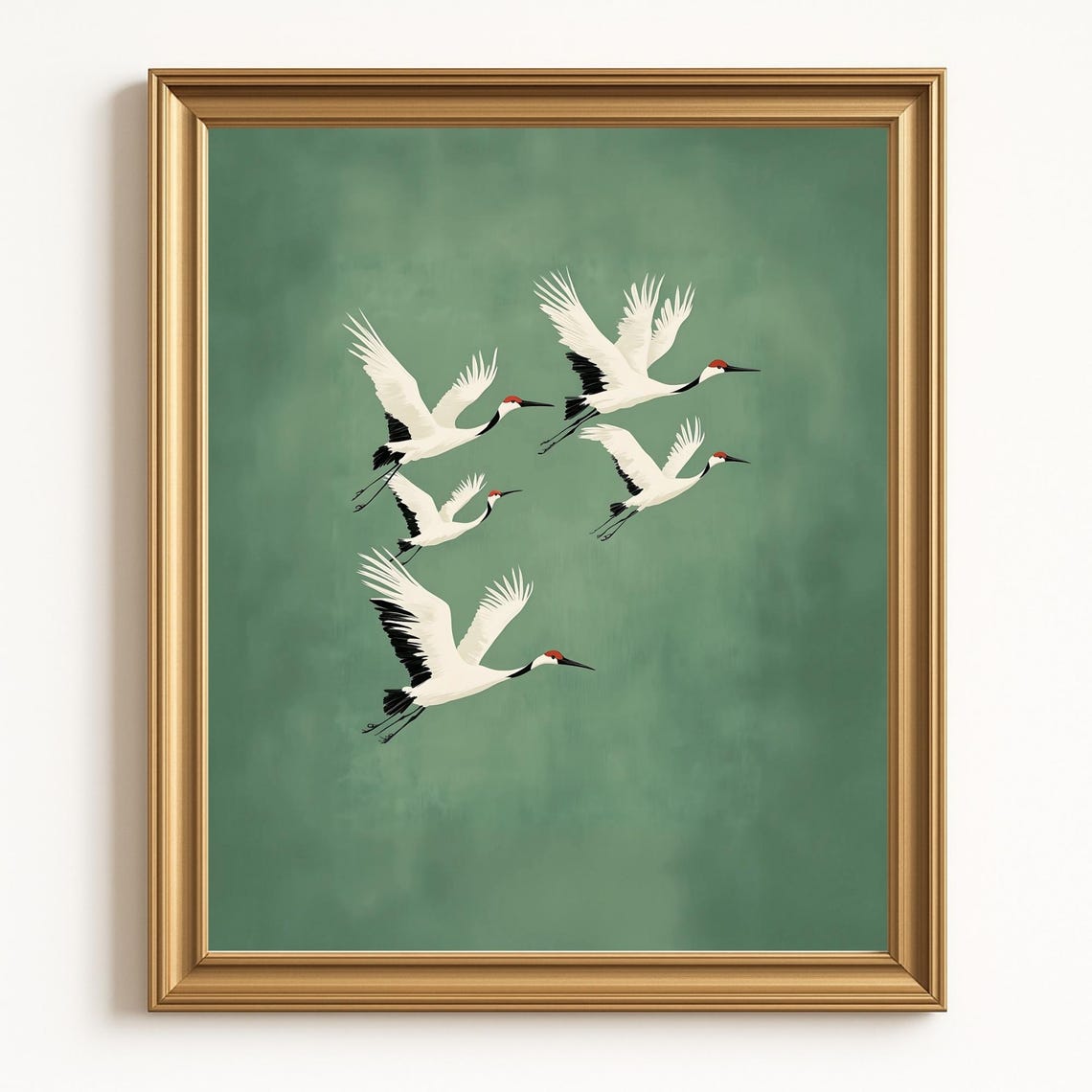 Five Red Crowned Cranes Flying Sage Green Japandi Style Poster