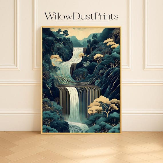 Zen Home Decor Japandi Style Art Instant Downloadhokusai Wall Japanese Waterfall Print Blue Green Gift
