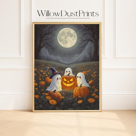 Vintage Halloween Wall Art Spooky Pumpkin Patch Illustration Cozy Autumn Night Decor For Octoberautumn Print Gift