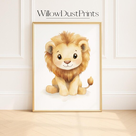 Adorable Baby Lion With Fluffy Mane Cute Watercolor Nursery Poster