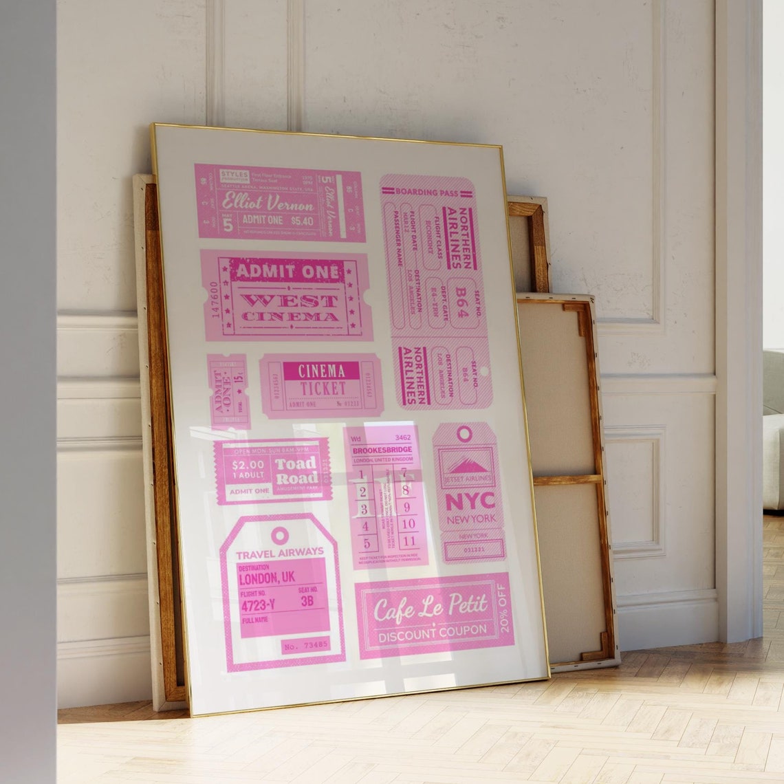 Pink Travel Tickets Coupon Collage Cinema Airline Retro Wall Poster - Image 3